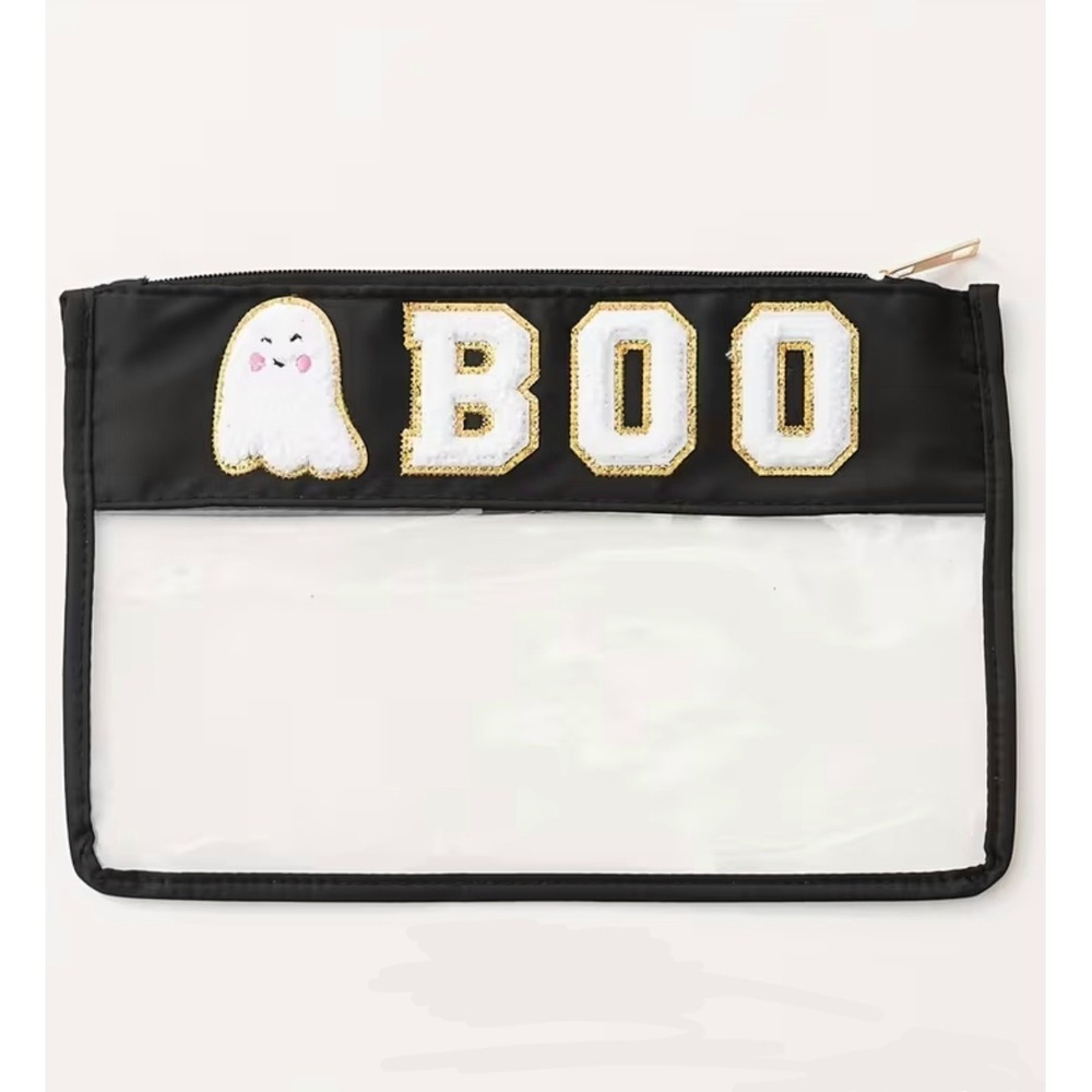Halloween BOO Ghost Chenille Patch Clear Nylon Zipper Pouch Black White Gold